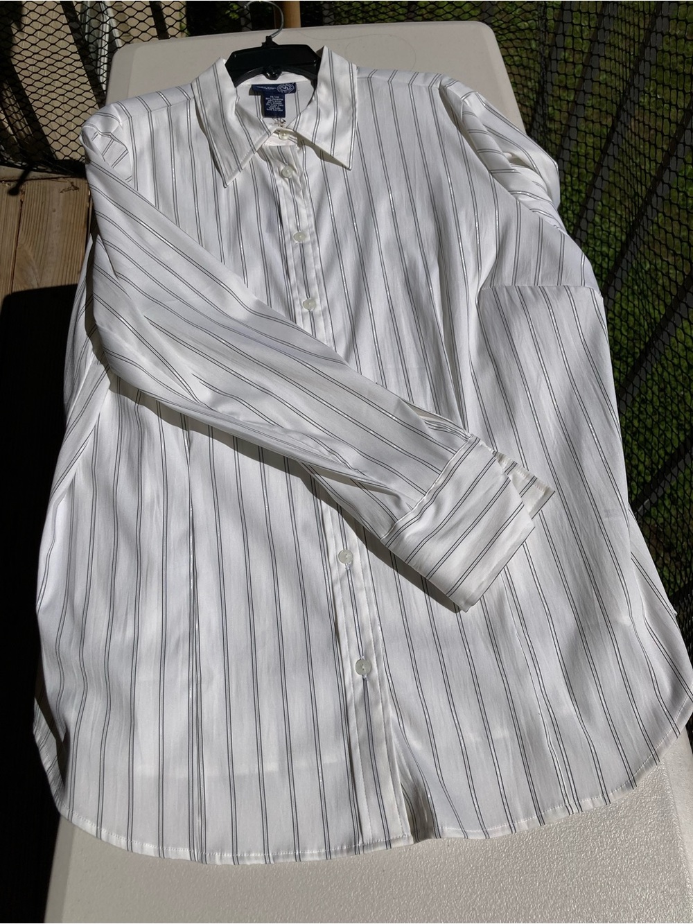 White Collared Button Down Shirt with Metallic Silver and Black Stripes Stretchy